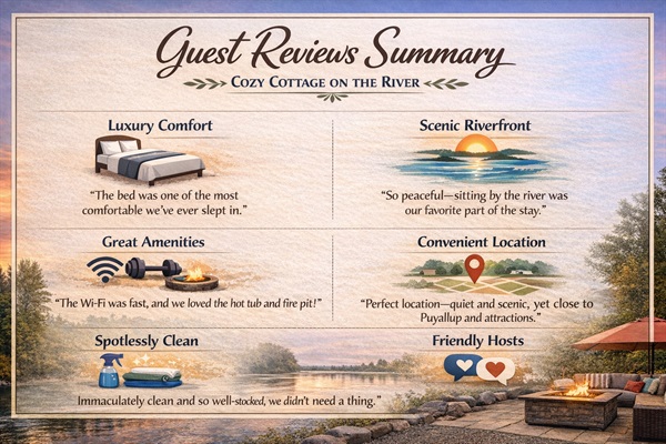 Chatgpt's summary of reviews for the Cozy Cottage on the River!