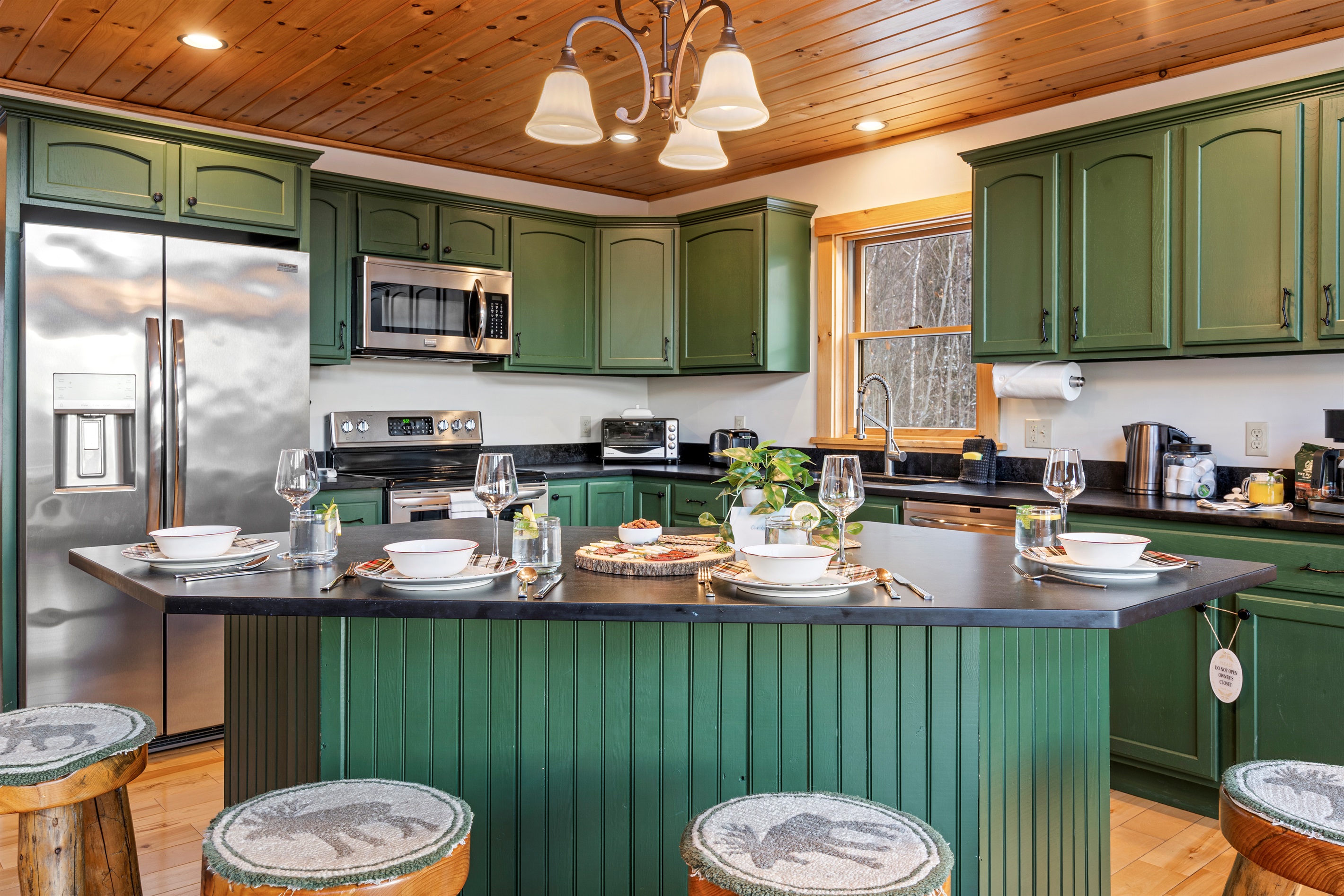 A modern kitchen with a center island, ideal for romantic dinners or casual meals