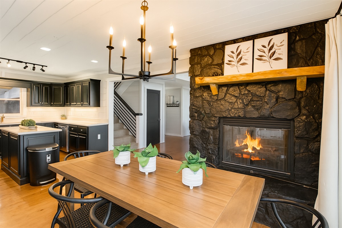 Cook, dine, and unwind as the fire flickers beside you.