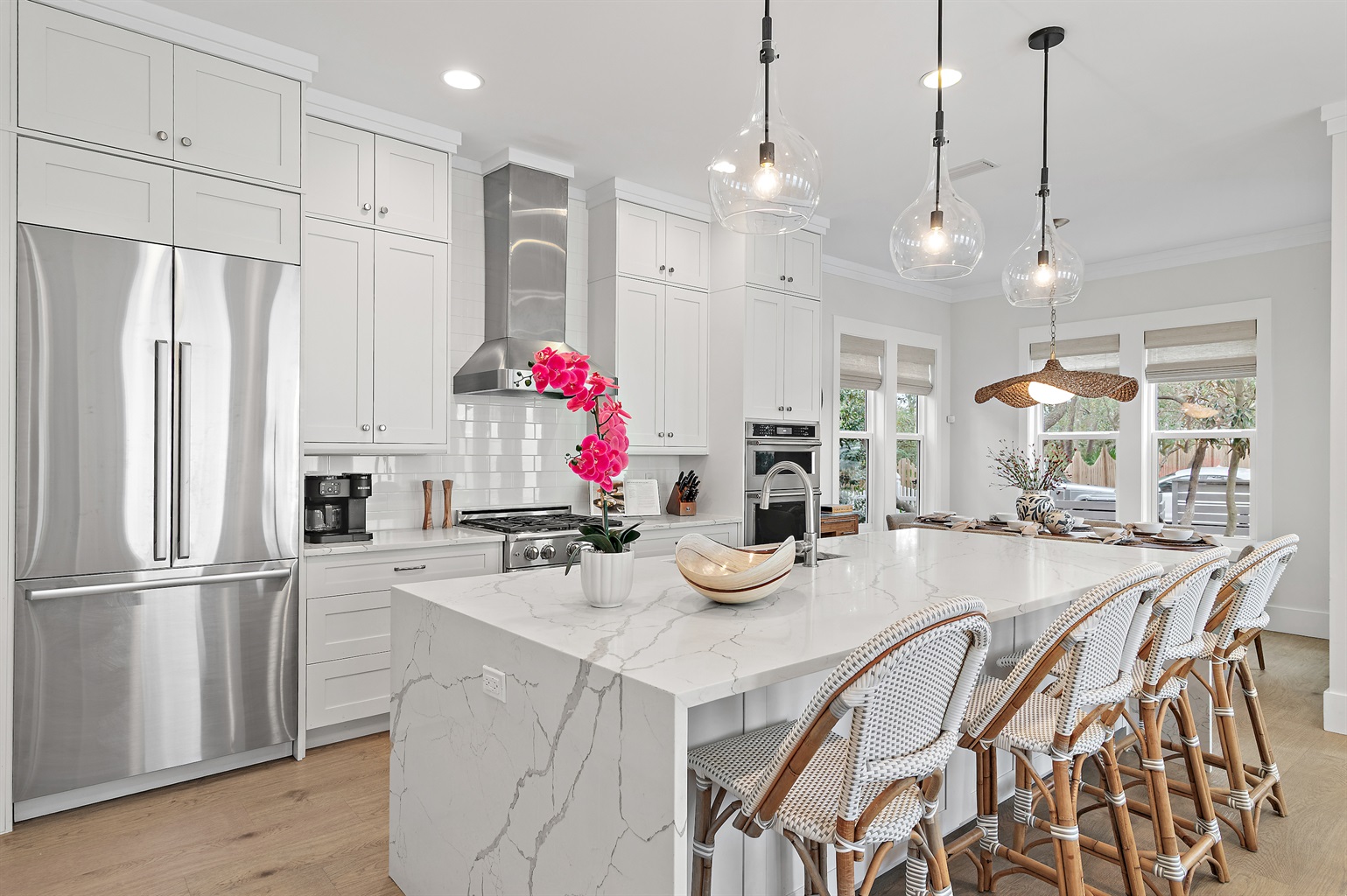 The well appointed kitchen offers a gas range, microwave and oven, full size fridge/freezer, large pantry, and a Keurig and Nespresso machine.