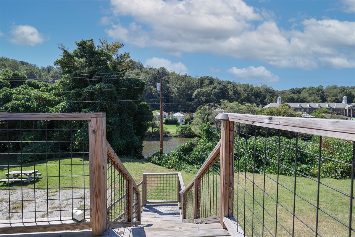 Stairs going down to parking lot, View of Smith River from the deck