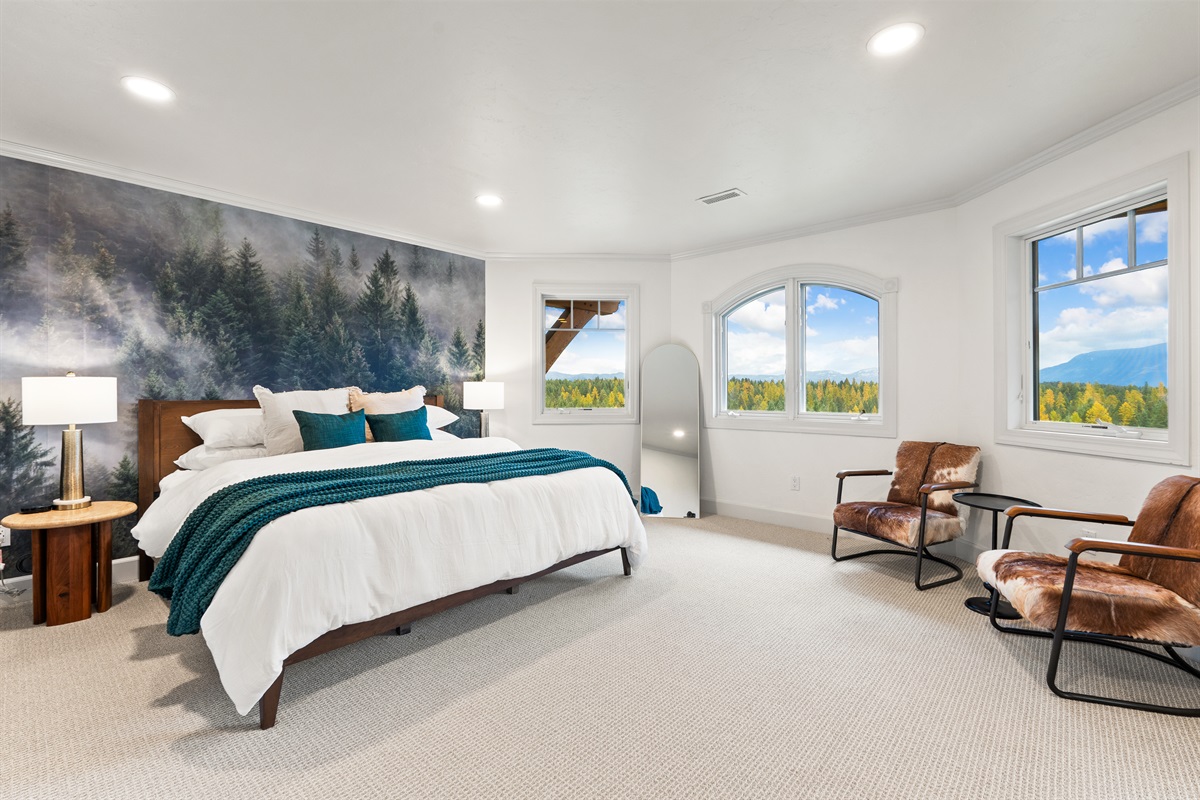 Upstairs bedroom #2 - forest mural, fresh air, & quiet