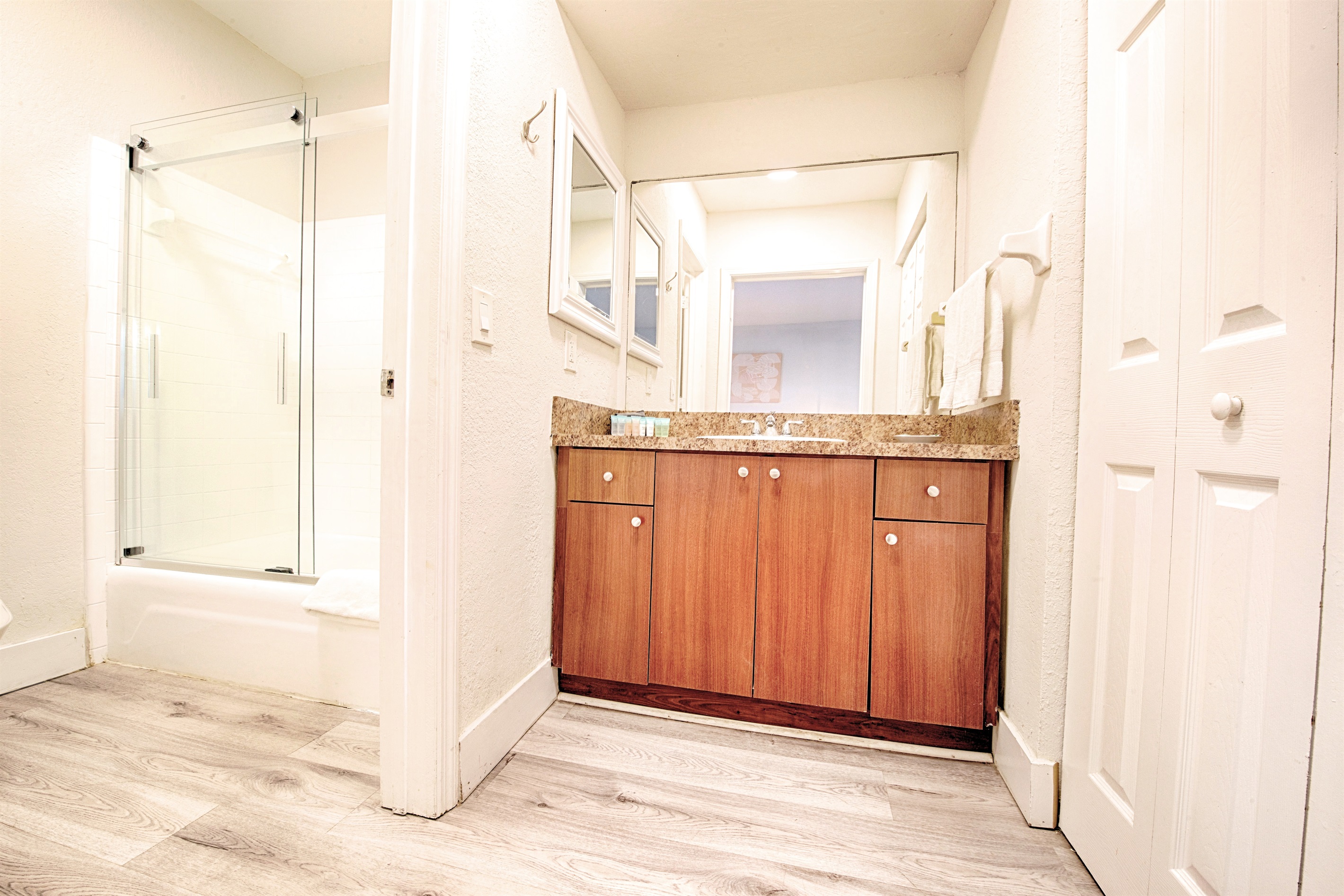 Separated vanity for convenience.