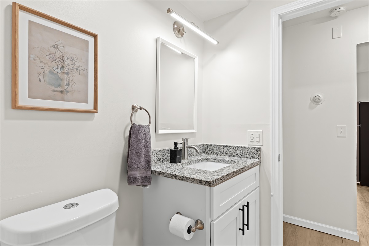 Fresh and modern bathroom with granite countertop and calming décor touches.