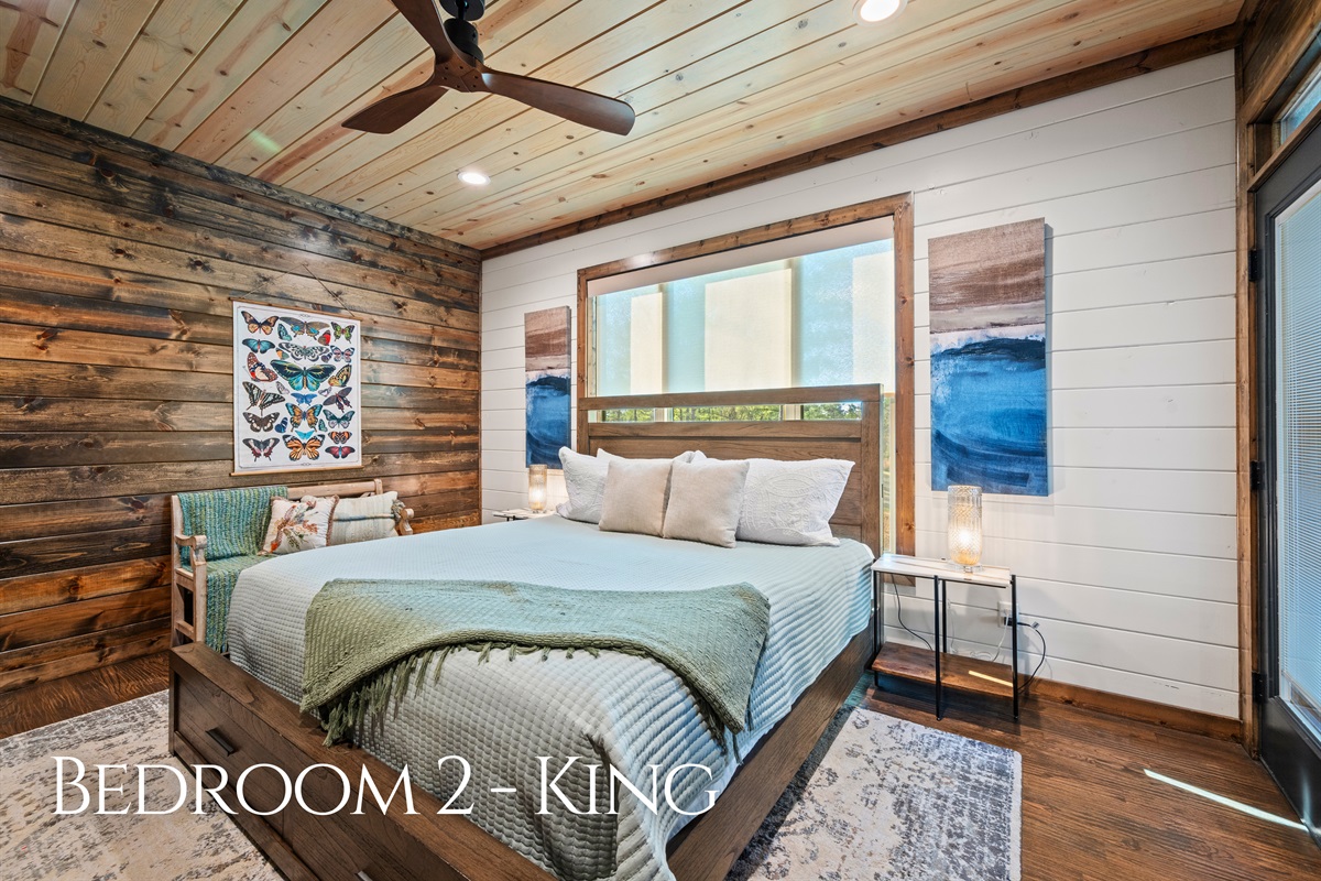 This king bedroom is a comfortable retreat with a relaxed cabin feel, perfect for winding down at night and sleeping in a little.