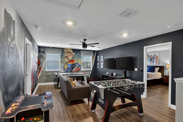 Avengers Theme Fun Game Room-Arcade (411 Games)-Air Hockey, Foosball, And PS4 & Xbox Video Games With Dual TVs