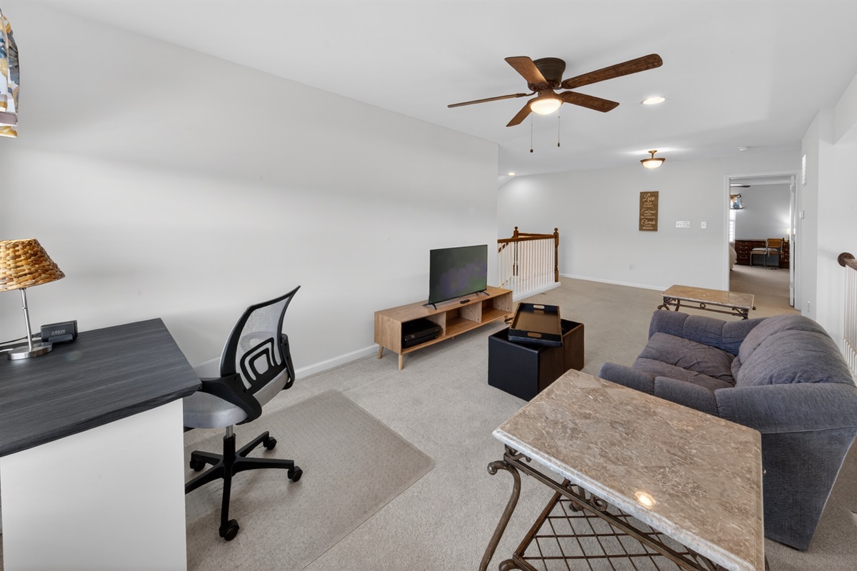 Loft workspace with printer and Roku TV