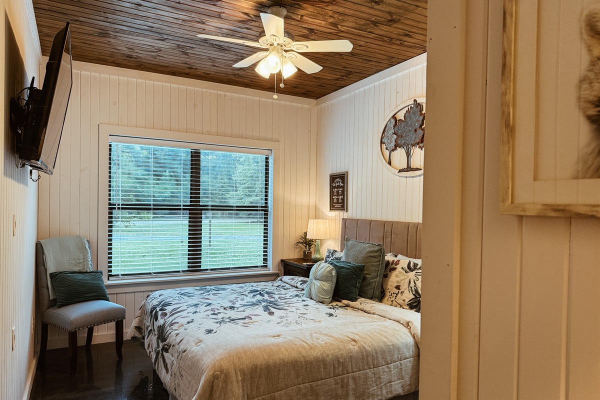 Peaceful forest views & plush bedding.