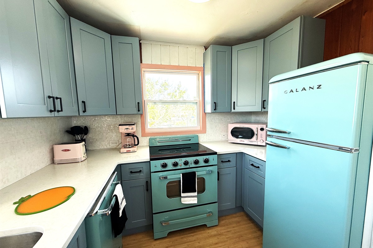 Retro Kitchen with Pale Blue, Sea Foam & Pink Appliances
