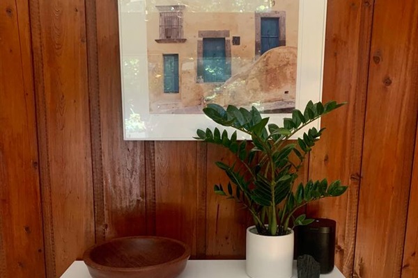 Original wood paneling and a big leafy plant &mdash; the kind of quiet mid-century corner that makes the whole house feel considered.