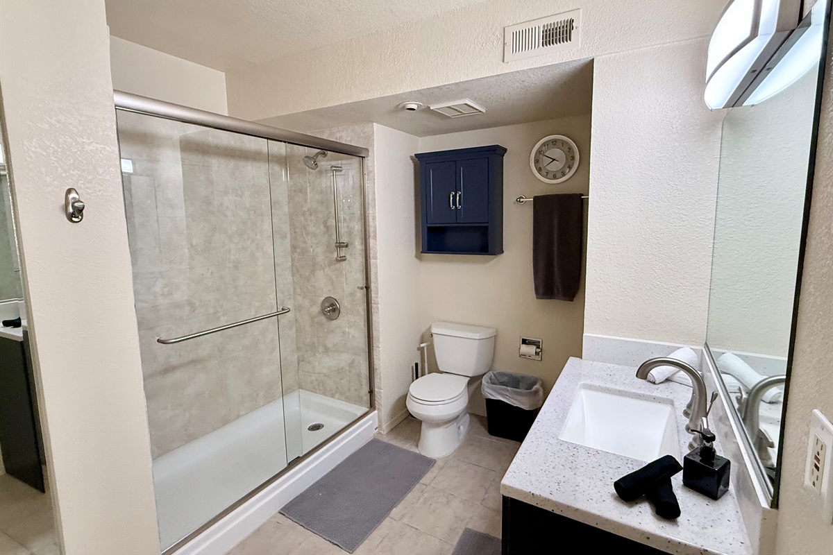 Oversized En Suite Bath, with walk in glass shower, lots of space, and shelving.