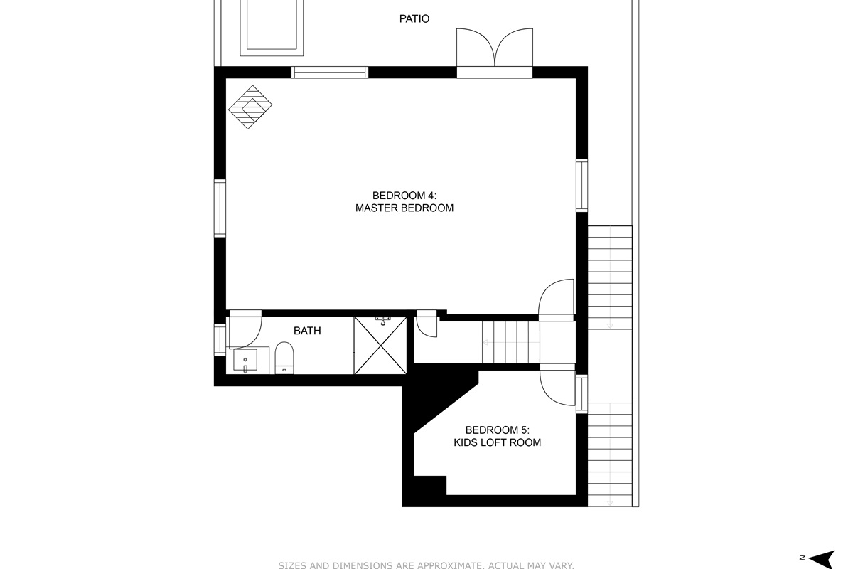 Modern Tree House Cabin floor plan of the lower level, bottom and 3rd floor.This floor has the Kids Loft Room, the Master Bedroom and Full Ensuite Bathroom, plus the lower level deck!