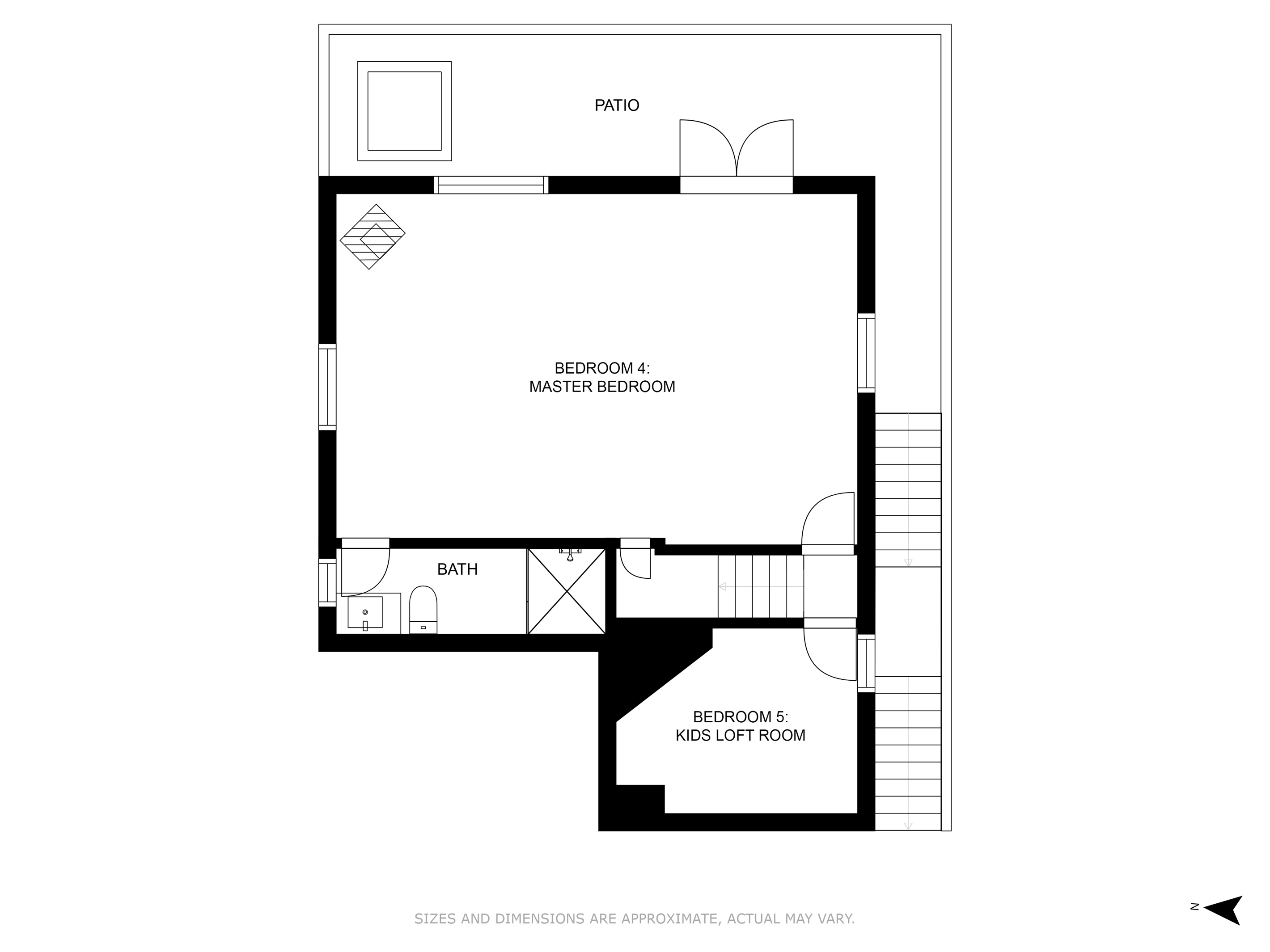Modern Tree House Cabin floor plan of the lower level, bottom and 3rd floor.This floor has the Kids Loft Room, the Master Bedroom and Full Ensuite Bathroom, plus the lower level deck!