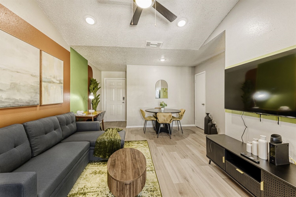 A modern retreat full of personality — bold colors, cozy textures, and sleek design come together for effortless style and comfort.