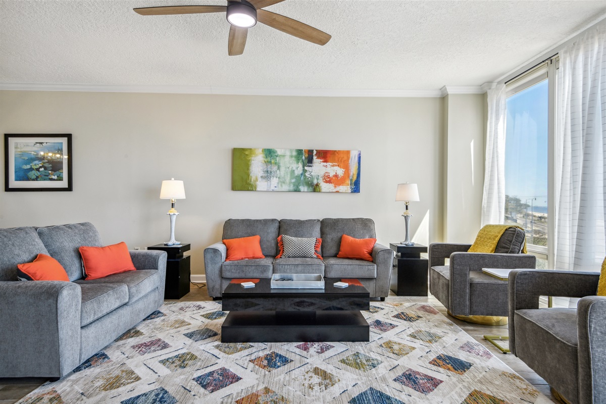 Living room with beach views. Big screen smart tv.