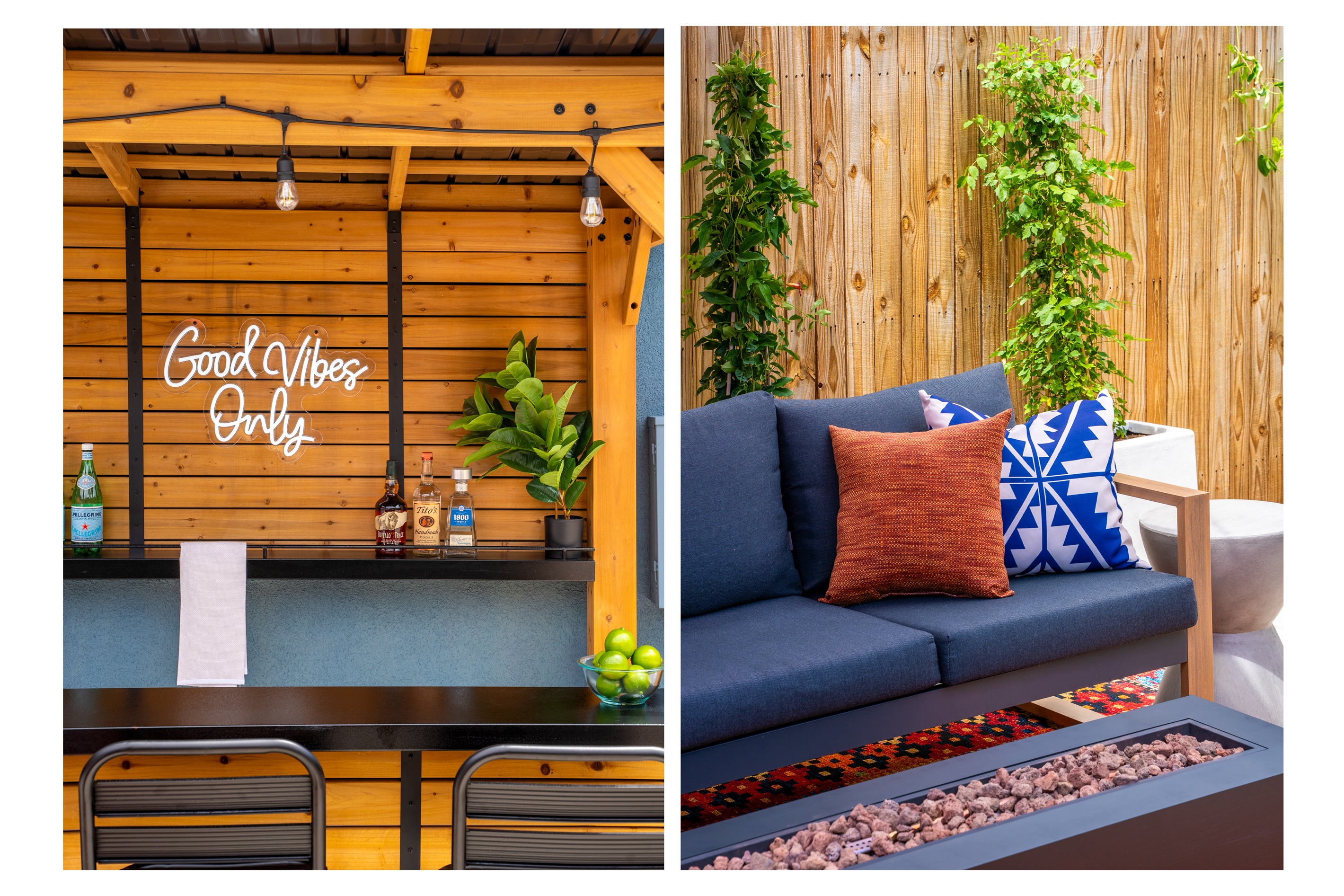 Kick back with a drink at the “Good Vibes Only” bar or cozy up by the fire pit—this outdoor space is all about stylish comfort and relaxed moments.