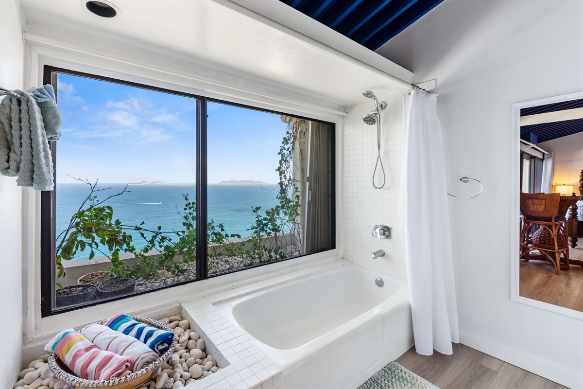 Ensuite primary bathroom; Spa-inspired ensuite with modern fixtures and ocean views from the shower and bathtub combo.