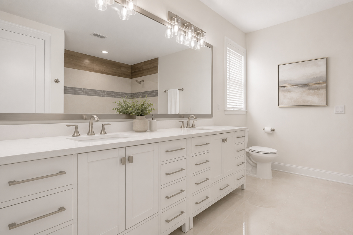 Bright and beautifully finished, this full bath keeps busy mornings running smoothly—double sinks for sandy kids and a roomy shower to rinse off the day. The little conveniences are exactly what let everyone relax and simply enjoy being together.