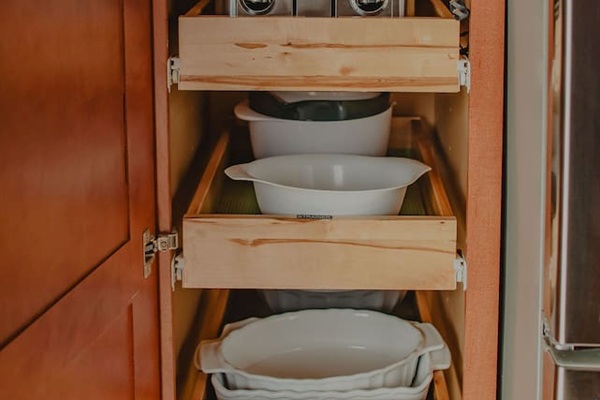 Organized kitchen bakeware and food prep bowls - everything easily within reach