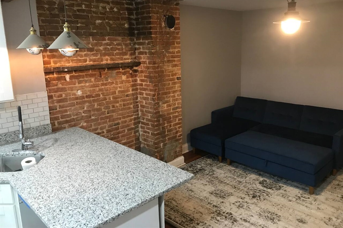 Sleeper sofa and exposed brick walls.