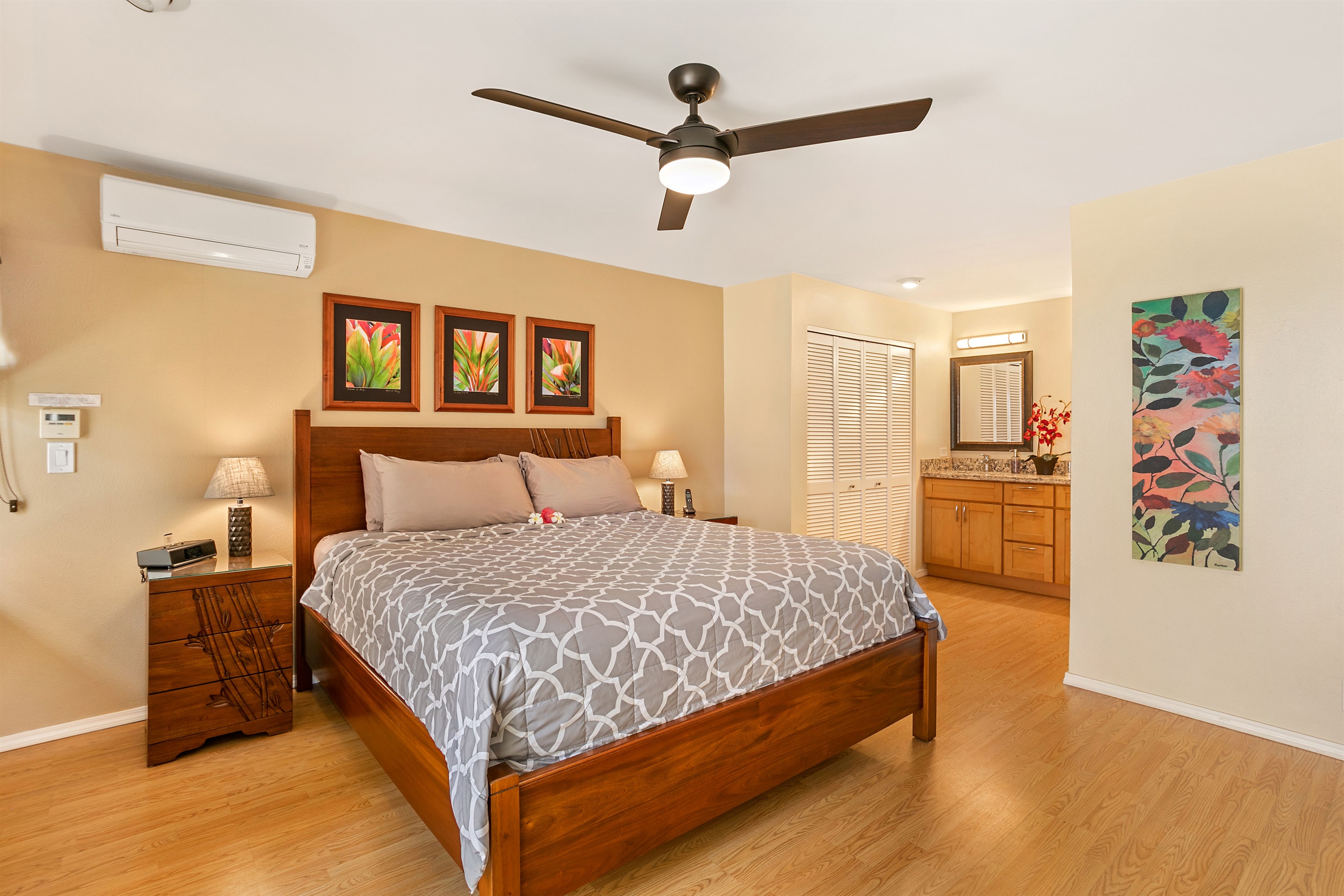 The bedroom features a California king bed, safe A/C, master bath and private lanai