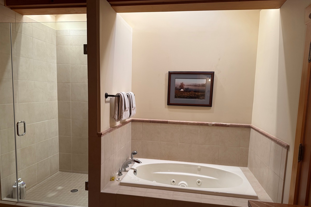 The carriage house includes its own private bathroom, separate from the main house, with a soaking tub and a large walk-in shower for added comfort.