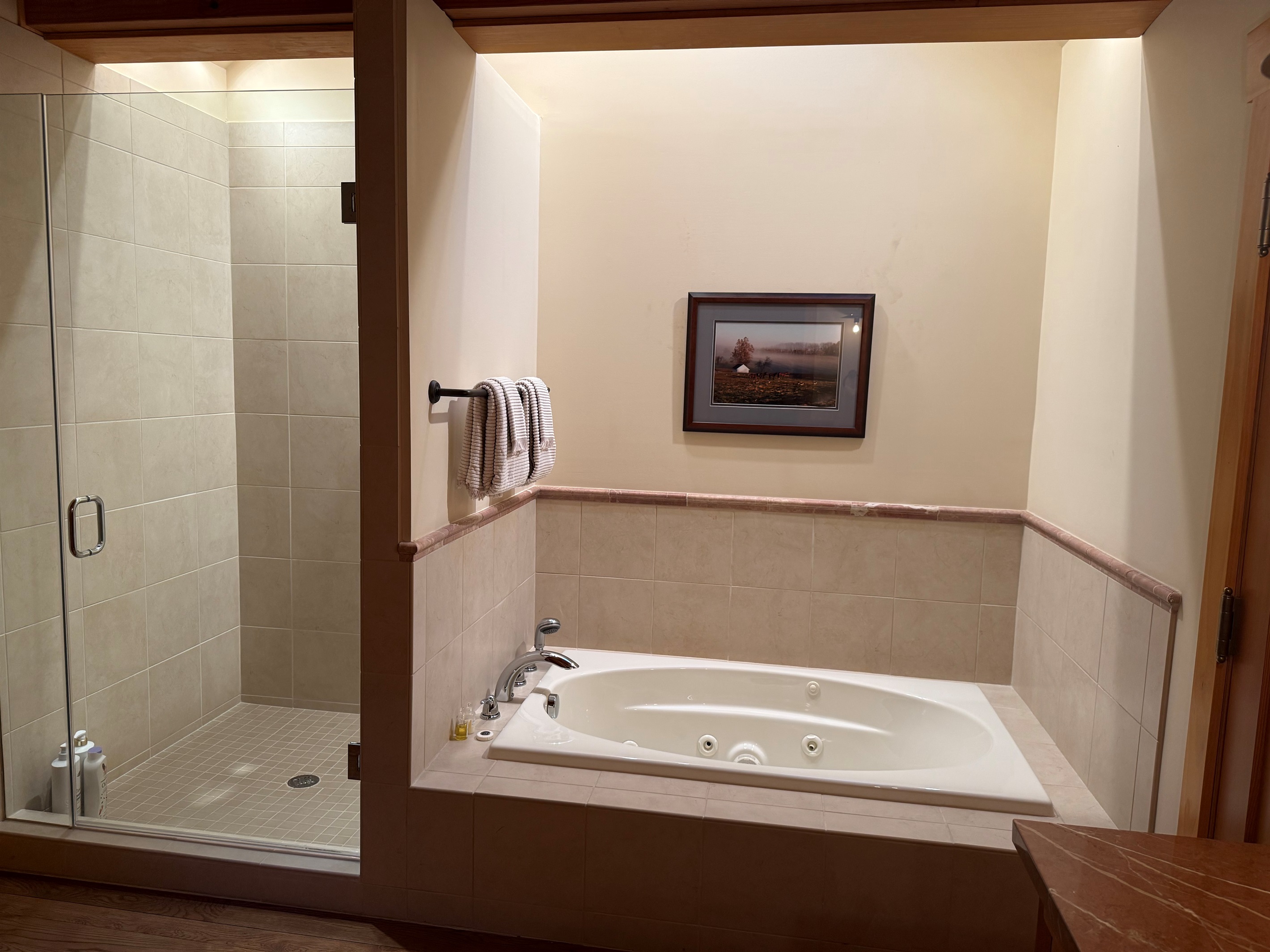 The carriage house includes its own private bathroom, separate from the main house, with a soaking tub and a large walk-in shower for added comfort.