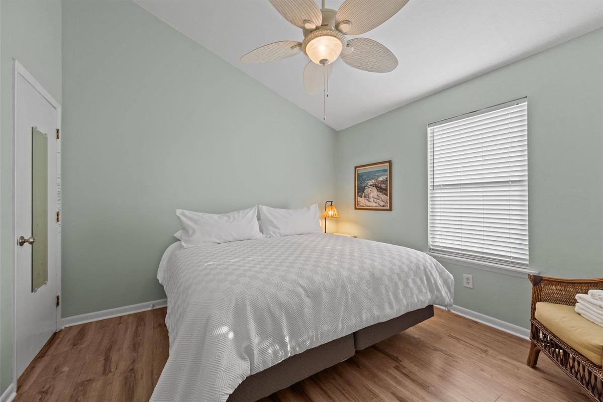 Bright king suite with vaulted ceilings and plenty of natural light