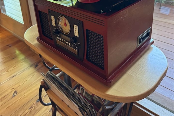 Vintage record player, radio, CD player, and cassette player  