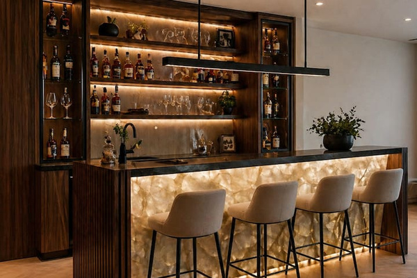 Bar near pool table and lounge