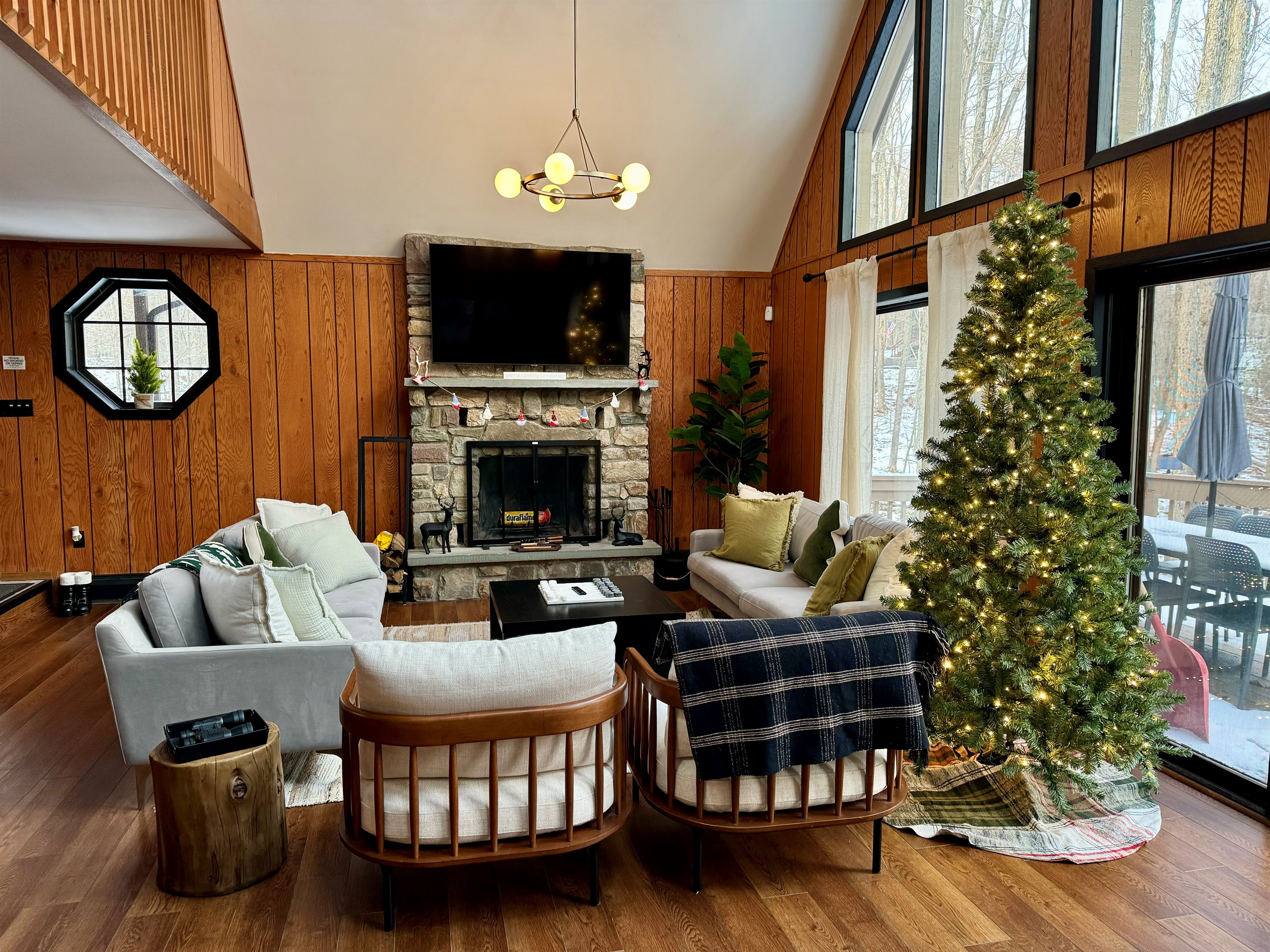 “Holiday-ready hearth and plush seating — perfect for festive gatherings.”