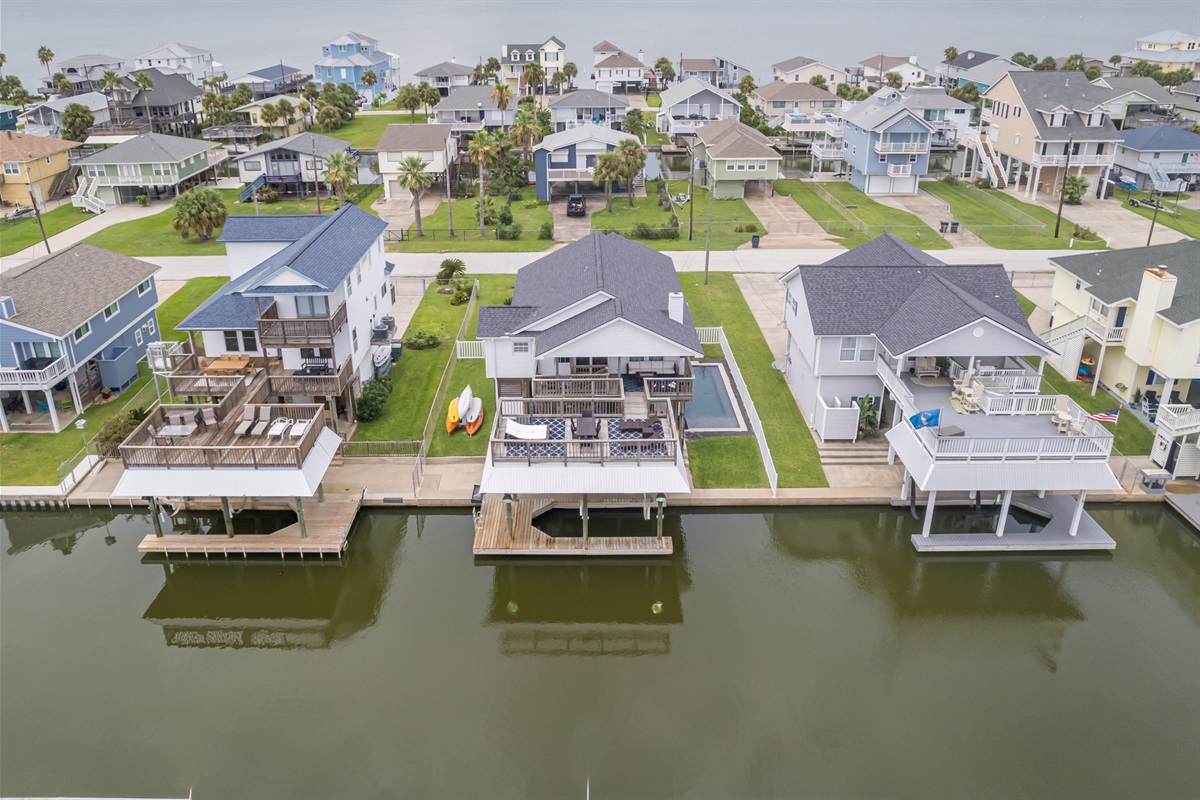 Aerial view of the home from the canal 