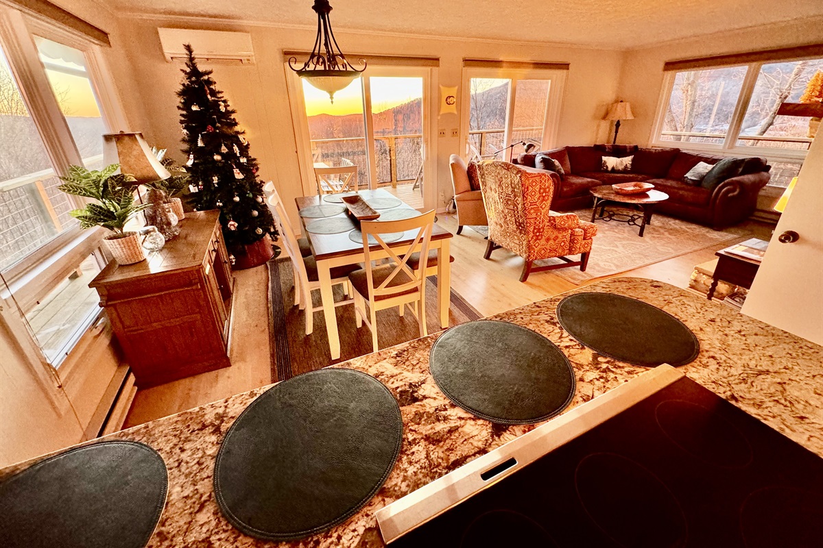 Dining with a view! Our dining table seats 6 (with 4 chairs + 1 bench that seats 2 more) & 4 barstools that are adjacent to this table, under the kitchen counter bar to seat 10 total.