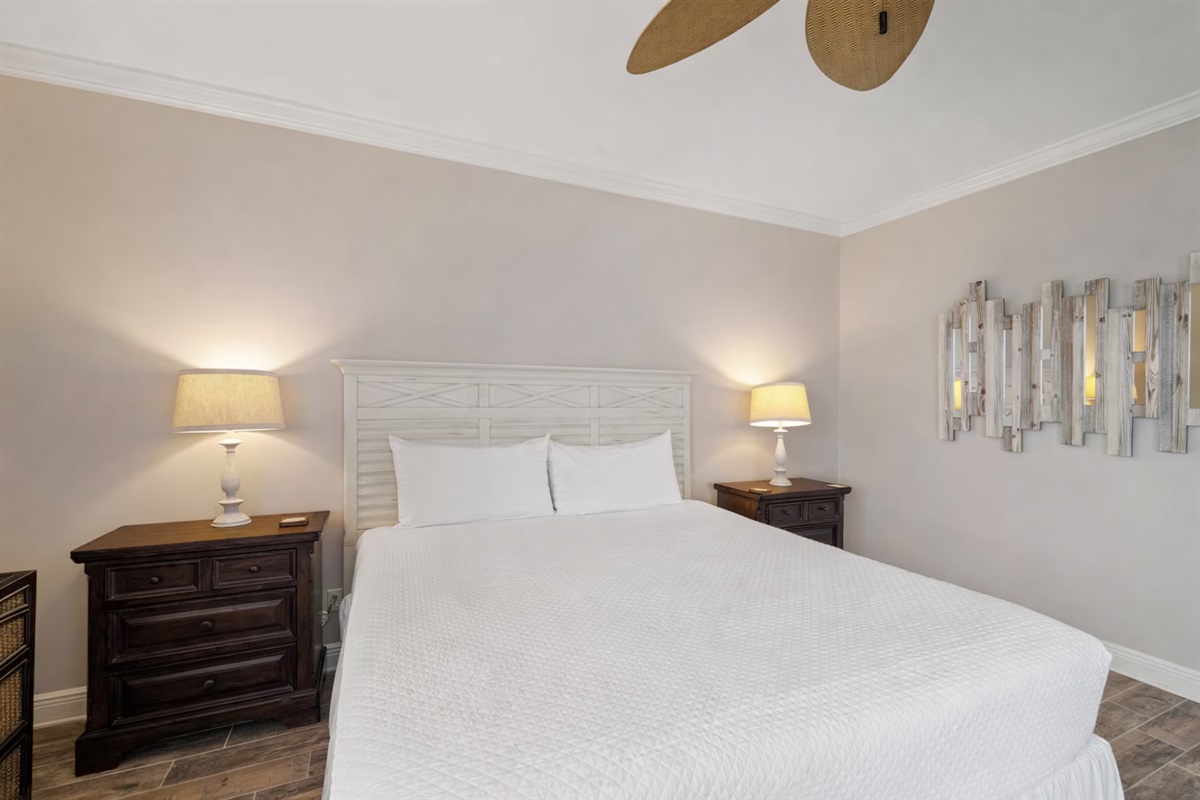 Primary bedroom will have a king bed, ceiling fan with light kit, wall mounted smart TV, direct balcony access and en-suite bathroom 