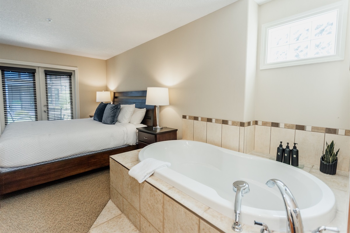 Unit A. King Bed. Soaker Tub right in room. Streaming TV in room as well.