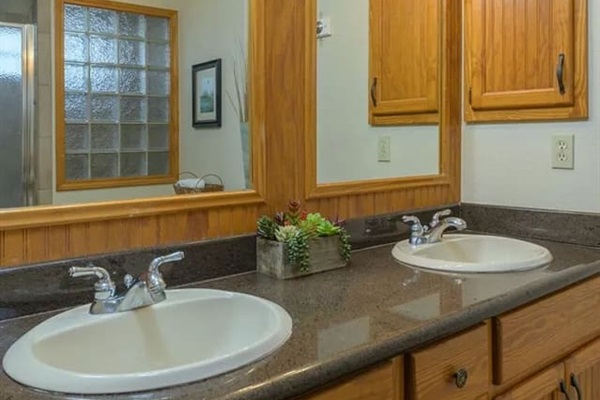 Master bath with double vanity and walk-in shower with bath toiletries provided (2nd/main floor) 