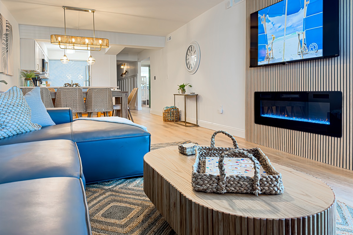 The electric fireplace has multiple color settings to match your evening mood.