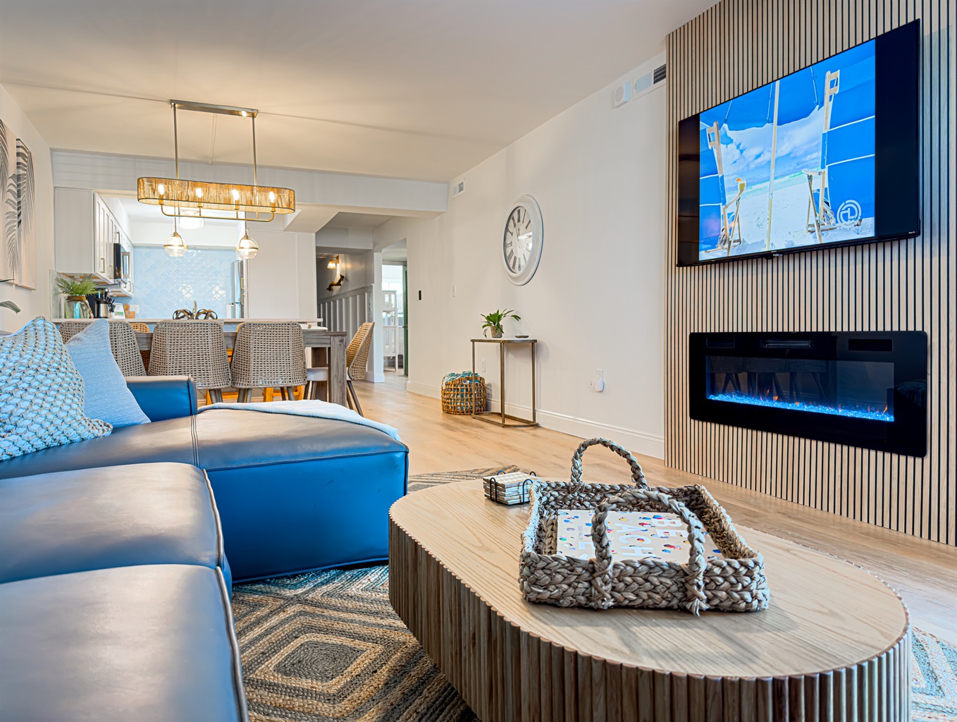 The electric fireplace has multiple color settings to match your evening mood.