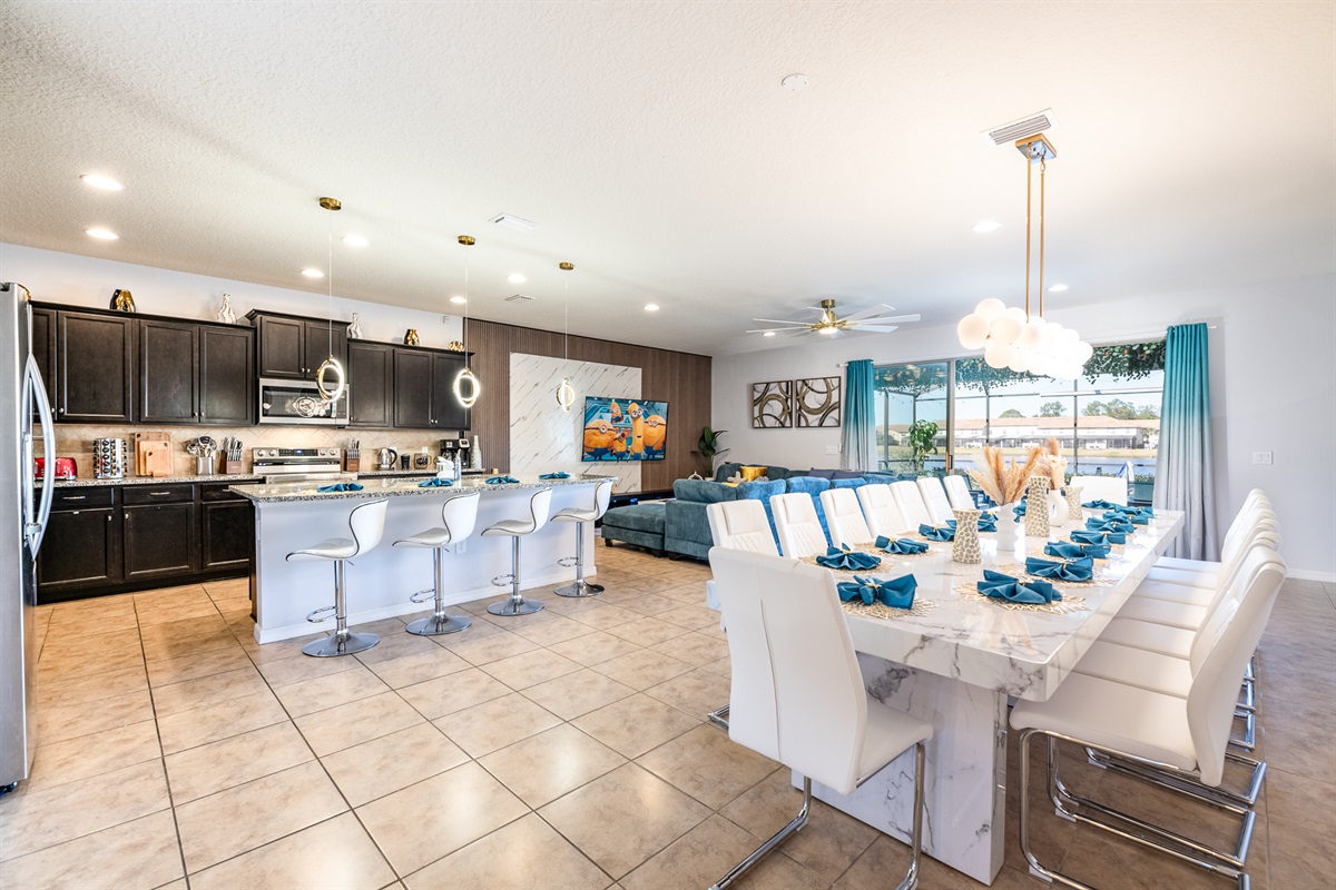 Open plan kitchen, lounge and dining area