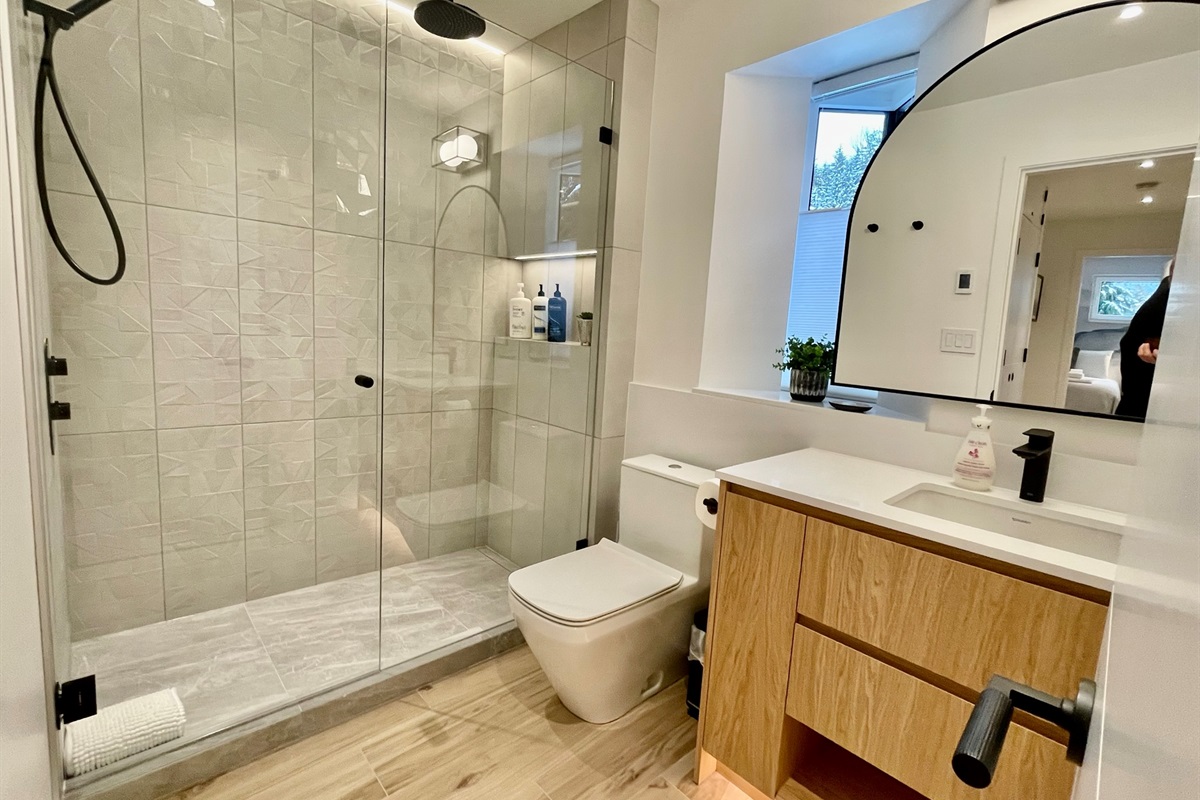 Bathroom 2- Large walk-in shower, heated floors, raincan showerhead  accent LED lighting