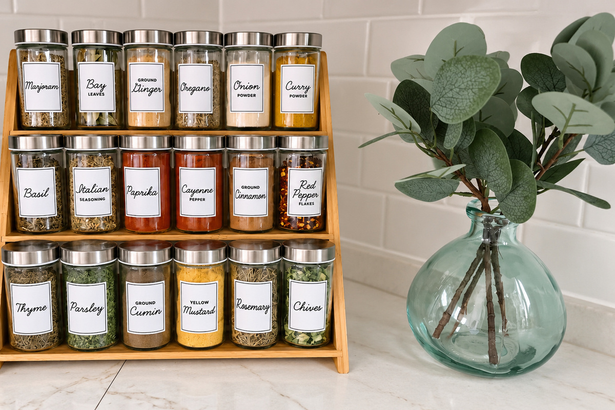 Thoughtful kitchen extras include a stocked spice collection for home cooking.