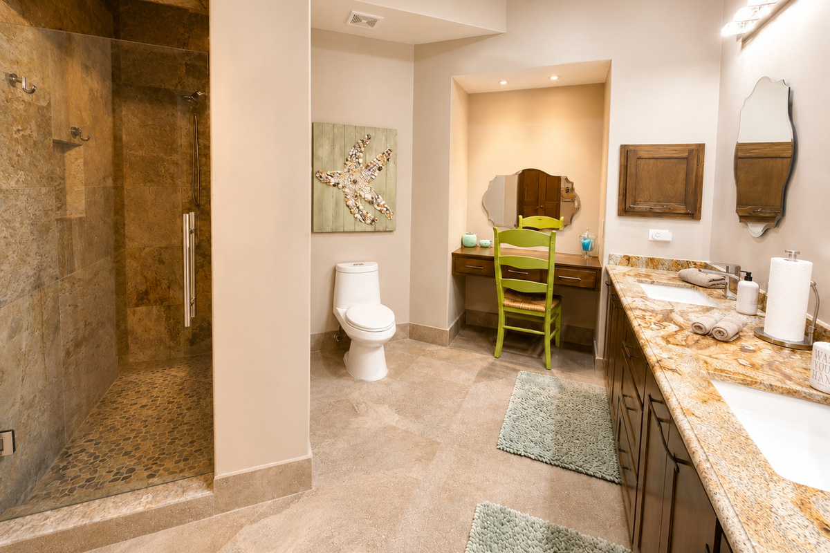 Casita 1:  The spacious en-suite bathroom includes a double vanity, a separate makeup vanity, and a large walk-in shower, creating a comfortable and private retreat.
