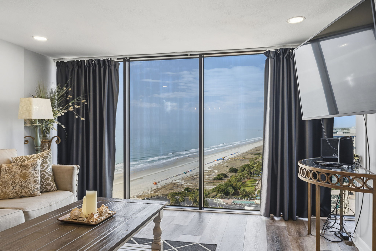 Ocean and beach views through the living room windows