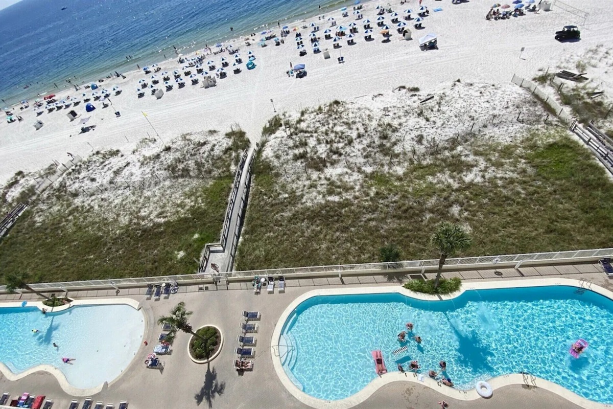 Aerial view of both outdoor pools 