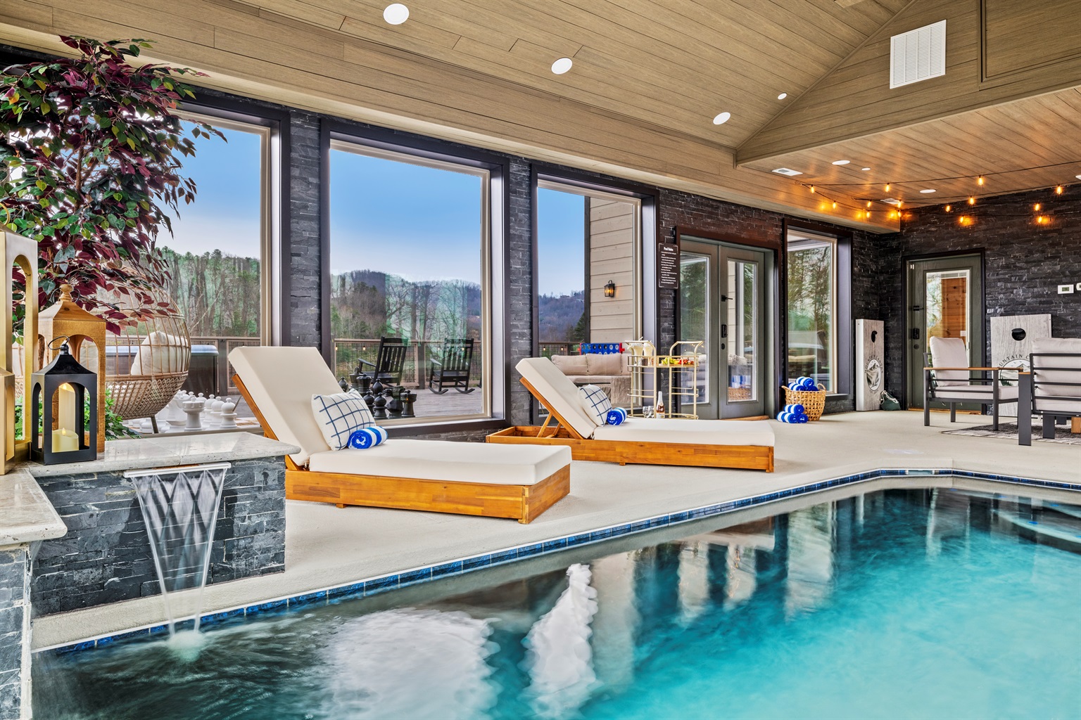 Swim and lounge in the heated indoor pool while soaking in Smoky Mountain views on three sides. A rare indoor experience you will not find in most cabins.