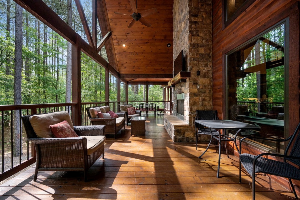 A propane fireplace is a cozy addition and will allow outdoor viewing on the tv