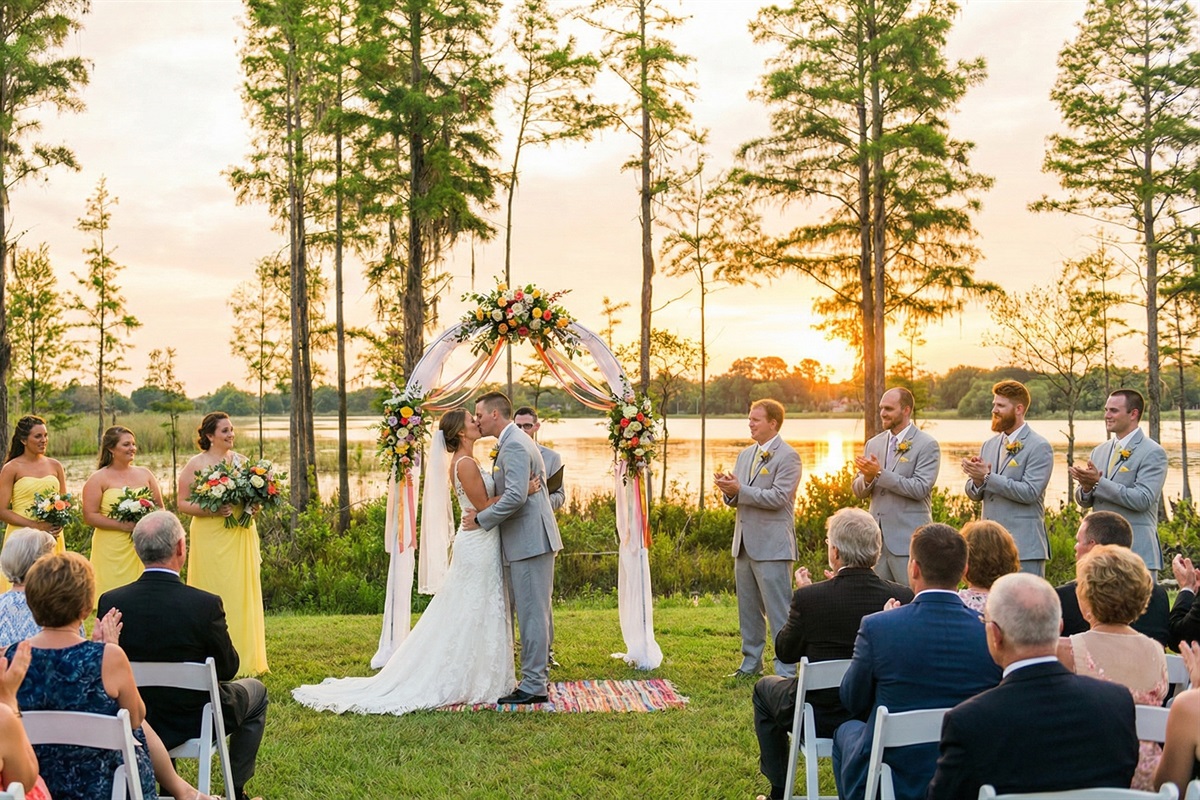 Lakeside wedding venue at Clermont estate with sunset views