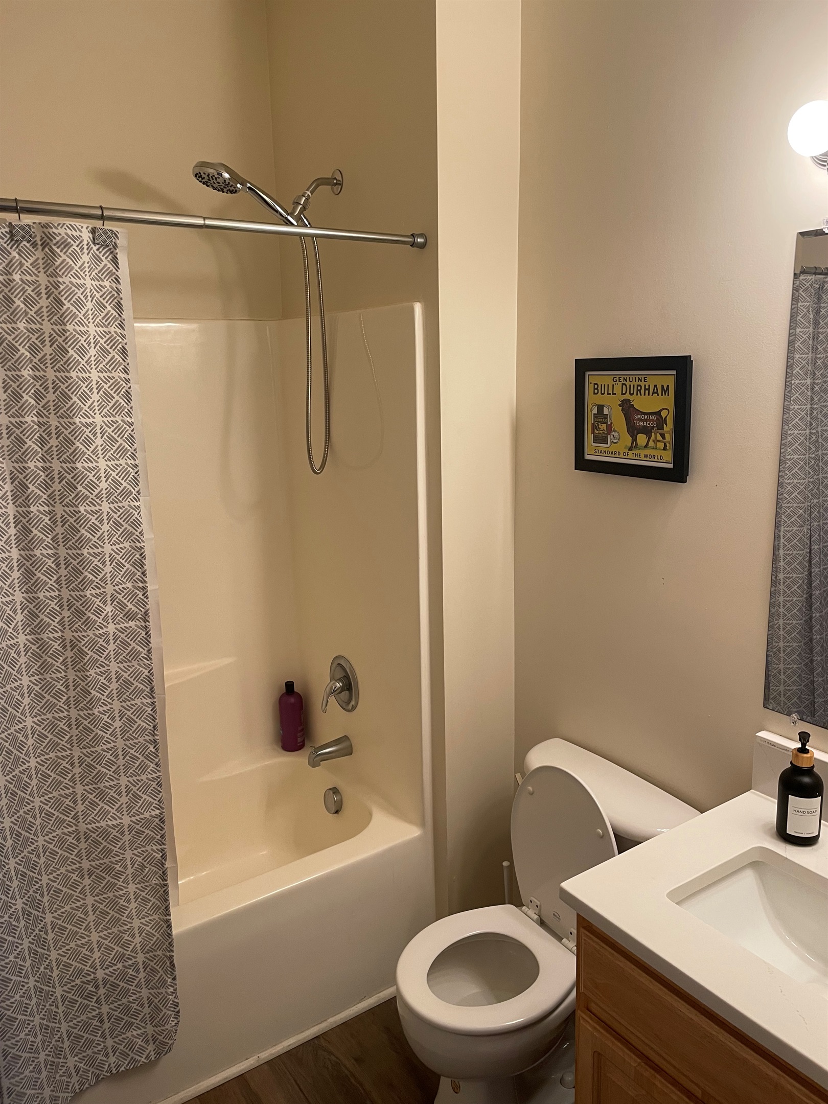 Main living area full bathroom featuring full bath and shower wand, white quartz tops, and basic starter supplies to make a traveler's life easy. 