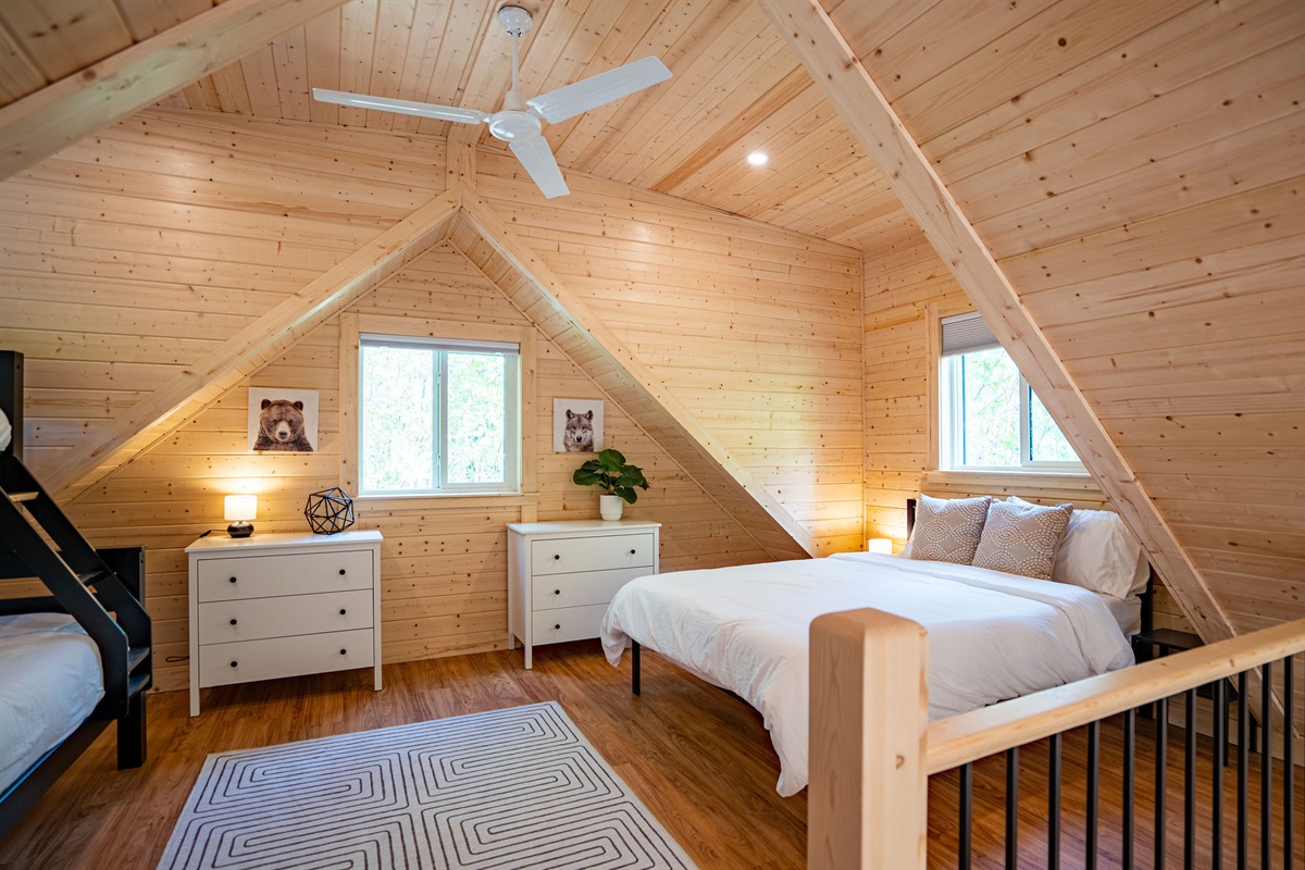 Loft area with queen bed and comfy Douglas mattress