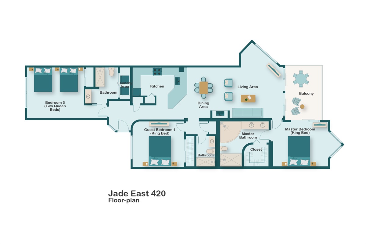 Beachfront condo floor plan for Jade East 420. 4th Floor, CORNER UNIT, 3 Bedroom & 3 Bathroom condo is spacious and updated with big bedrooms and bathrooms and a remodeled kitchen - come relax!